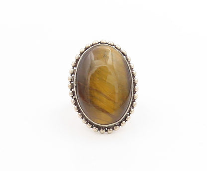 925 Sterling Silver Vintage Ring Large Tiger's Eye Beaded Edge  Sz 12  RG34146