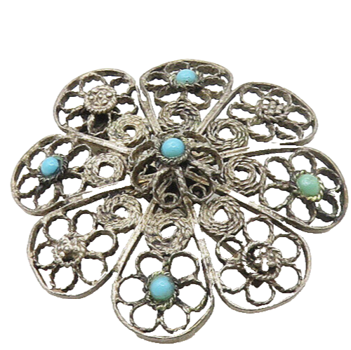 ISRAEL 925 Silver  Vintage Antique Turquoise Flower Motif Brooch Pin  BP6732