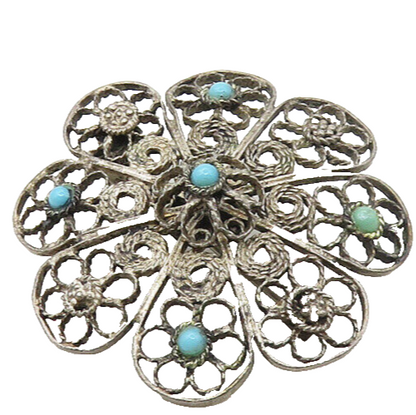 ISRAEL 925 Silver  Vintage Antique Turquoise Flower Motif Brooch Pin  BP6732