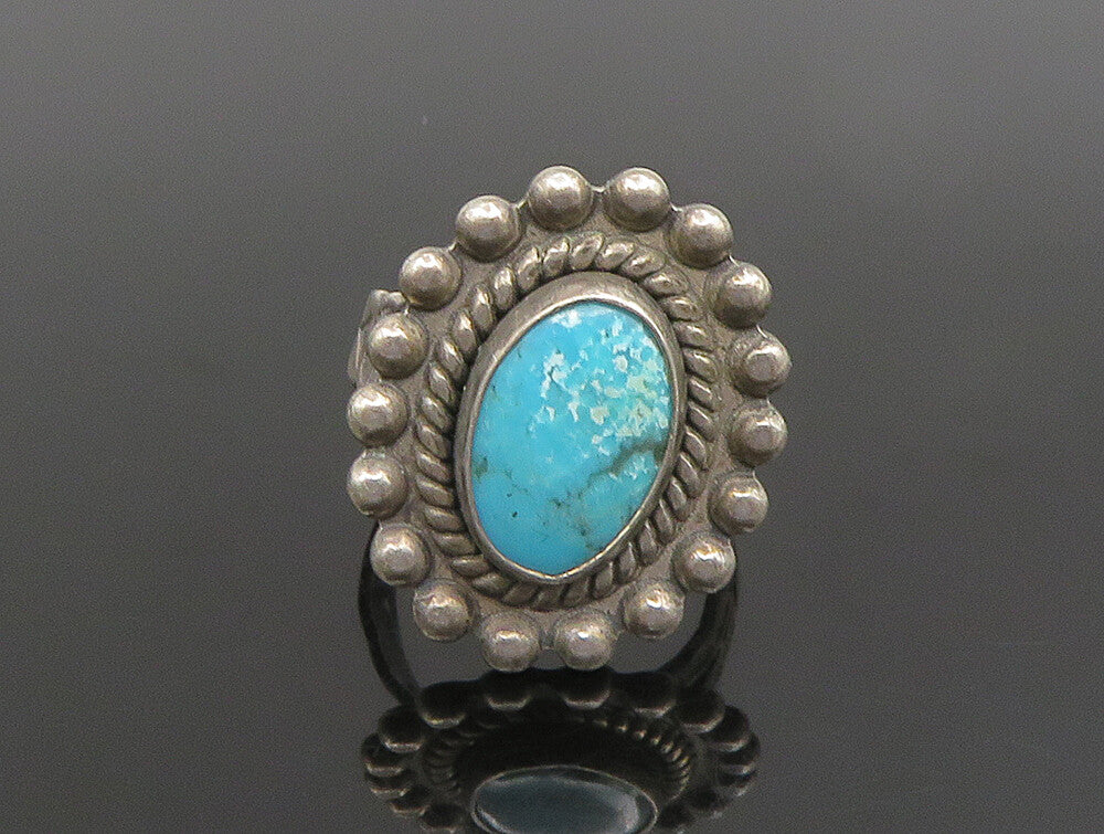 SOUTHWESTERN 925 Silver Vintage Beaded Border Turquoise Ring Sz 5 RG24678