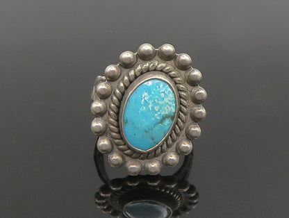 SOUTHWESTERN 925 Silver Vintage Beaded Border Turquoise Ring Sz 5 RG24678