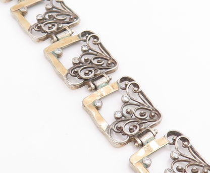 14k Gold & 925 Sterling Silver Vintage Bracelet CZ Floral Panel Link  BT11846