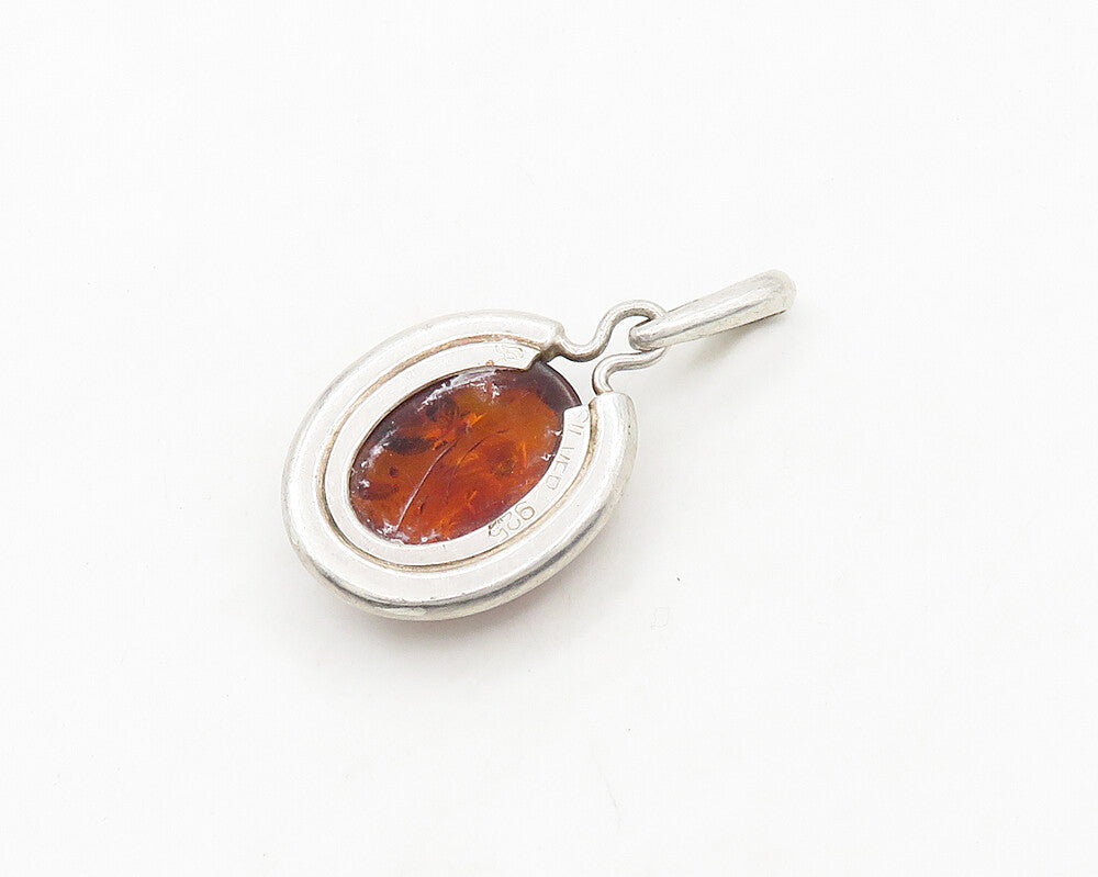 925 Sterling Silver  Vintage Cabochon Cut Amber Smooth Oval Pendant  PT15268