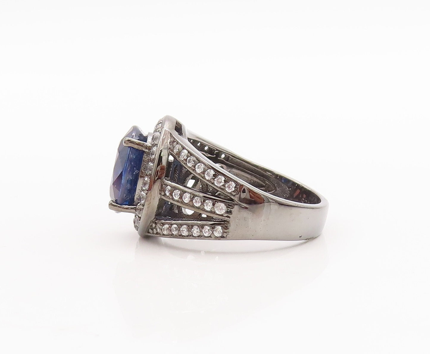 925 Sterling Silver Vintage Ring Split Band CZ Inlay & Sapphire  Sz 8  RG29617