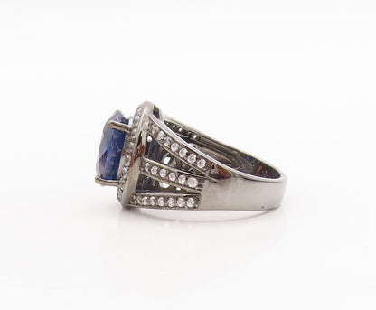 925 Sterling Silver Vintage Ring Split Band CZ Inlay & Sapphire  Sz 8  RG29617