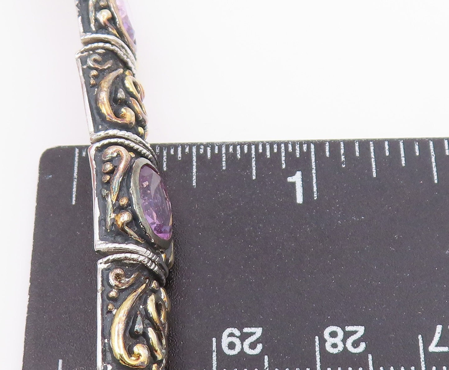 925 Sterling Silver  Vintage Amethyst Two Tone Swirl Chain Bracelet  BT8484