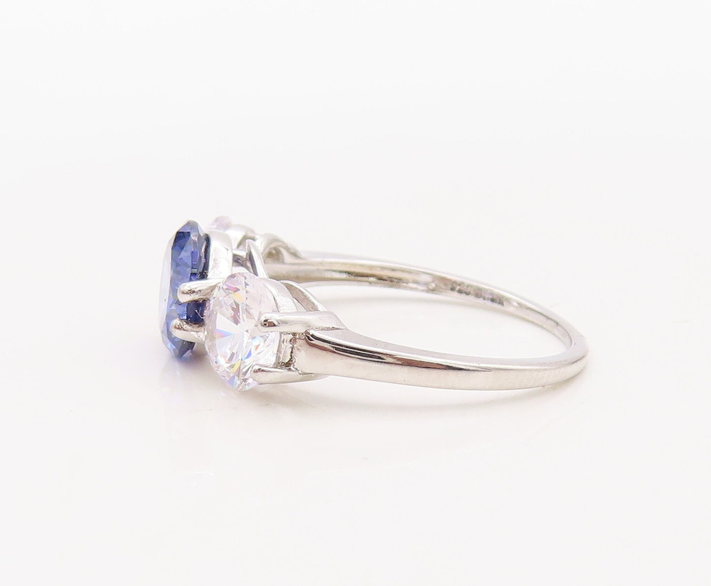 925 Sterling Silver Vintage Ring 3 Stone Round Sapphire & CZ  Sz 7.5  RG30873