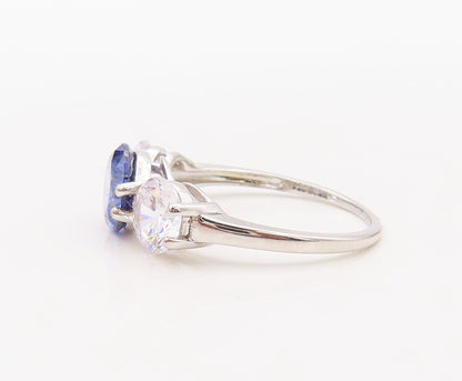 925 Sterling Silver Vintage Ring 3 Stone Round Sapphire & CZ  Sz 7.5  RG30873
