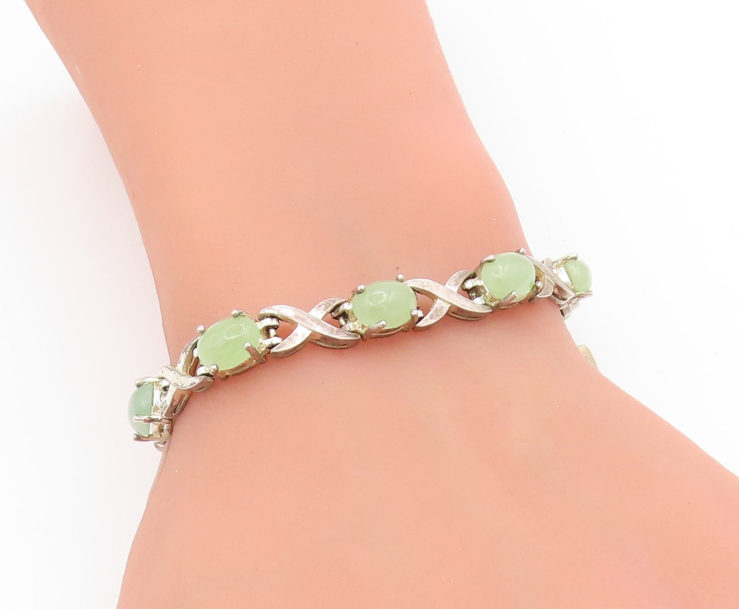 925 Sterling Silver Vintage Bracelet Oval Jade Elegant Crisscross Link  BT11744