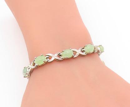925 Sterling Silver Vintage Bracelet Oval Jade Elegant Crisscross Link  BT11744