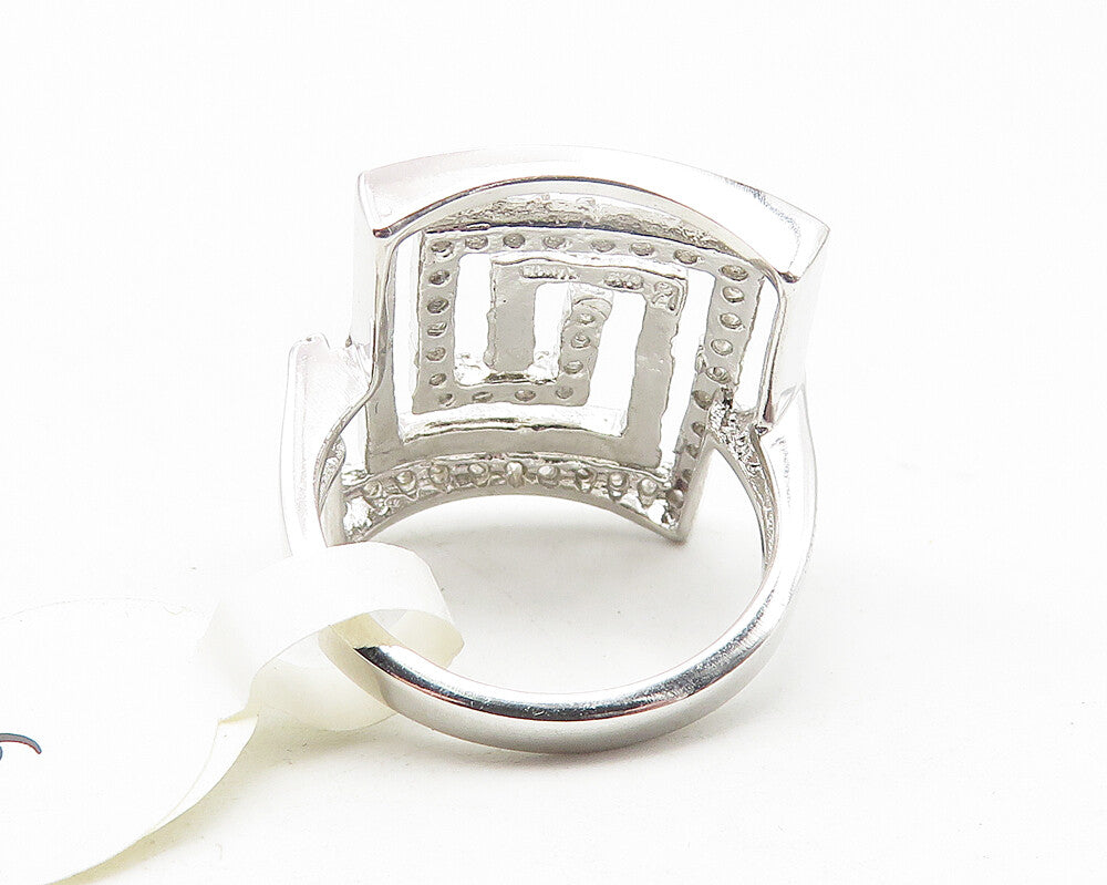 925 Sterling Silver  White Topaz Shiny Greek Key Cocktail Ring Sz 6  RG11362