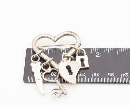 925 Sterling Silver  Vintage Love Heart Dangling Charms Brooch Pin  BP10427
