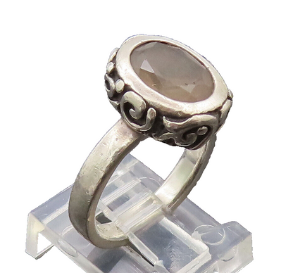 925 Sterling Silver Vintage Ring Swirly Carved Inlay Smokey Quartz Sz 6  RG27858