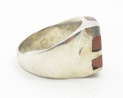 MEXICO 925 Sterling Silver Vintage Goldstone Striped Cocktail Ring Sz 12 RG12051
