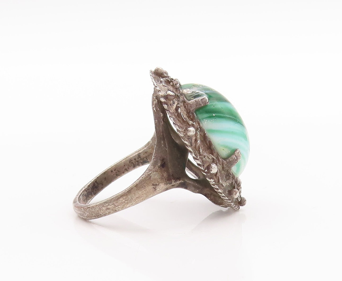 925 Sterling Silver Vintage Ring Wave Carved Oval Malachite  Sz 8.5  RG28828