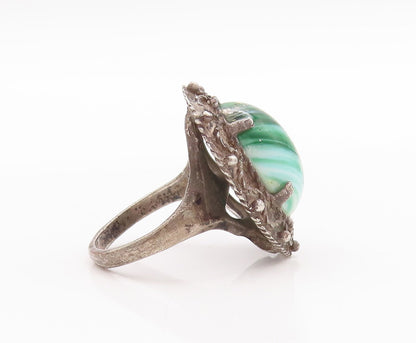925 Sterling Silver Vintage Ring Wave Carved Oval Malachite  Sz 8.5  RG28828