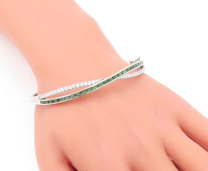 925 Sterling Silver Vintage Bracelet X Cutout Green & White Topaz Bands  BT10717