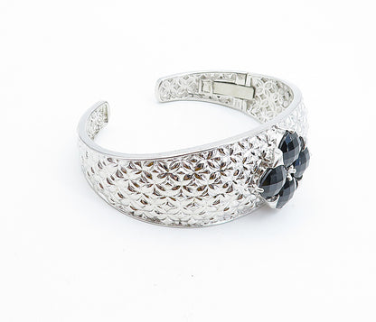 925 Sterling Silver  Black Hematite Flower Patterned Cuff Bracelet  BT2887