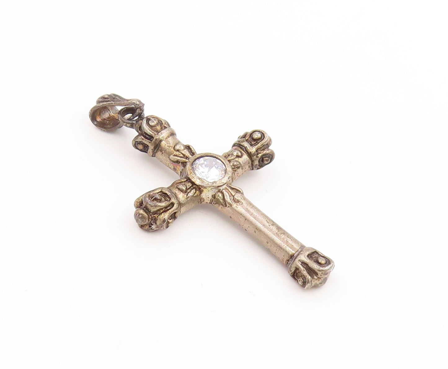 925 Sterling Silver Vintage Pendant Round CZ Bold Religious Cross Charm  PT25830