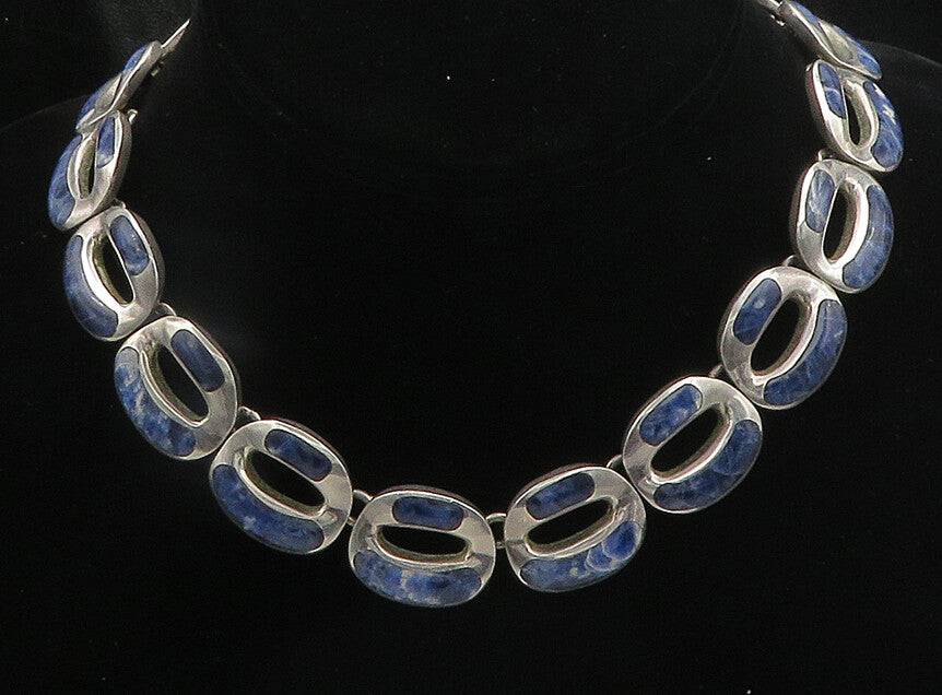 MEXICO 925 Sterling Silver Vintage Inlaid Gemstone Heavy Chain Necklace  NE3177