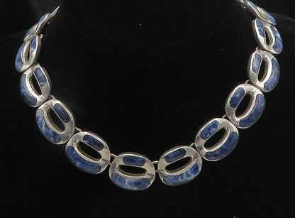 MEXICO 925 Sterling Silver Vintage Inlaid Gemstone Heavy Chain Necklace  NE3177