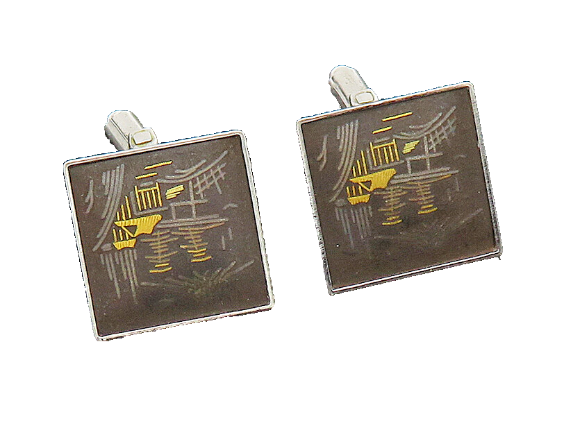 AMITA 925 Sterling Silver  Vintage Pagoda Mountain Scene Cufflinks  TR2933
