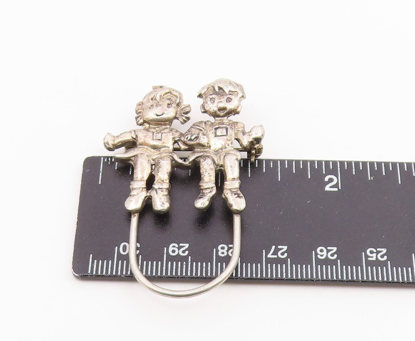 925 Sterling Silver  Vintage Shiny Girl & Boy Jumping Rope Brooch Pin  BP7372