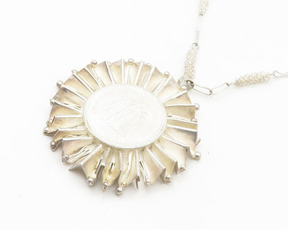 Solid Silver Vintage Heavy Floral Framed Coin Pendant Chain Necklace  NE2899