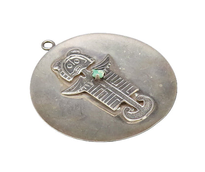 925 Silver  Vintage Carved Figure With Tumbled Jade Disc Pendant  PT21817