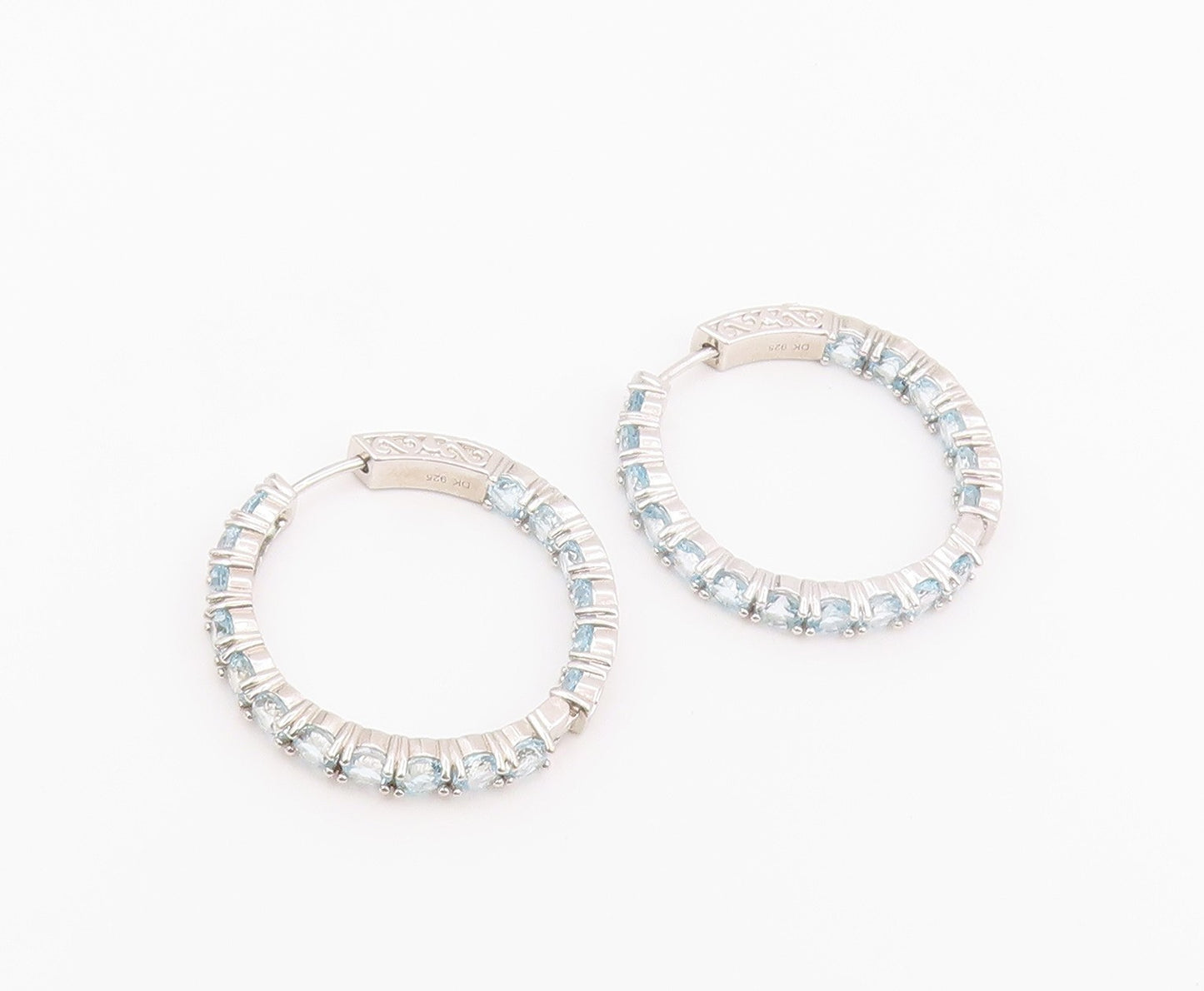 925 Sterling Silver Vintage Earrings Elegant Round Cut Blue Topaz Hoops  EG14454