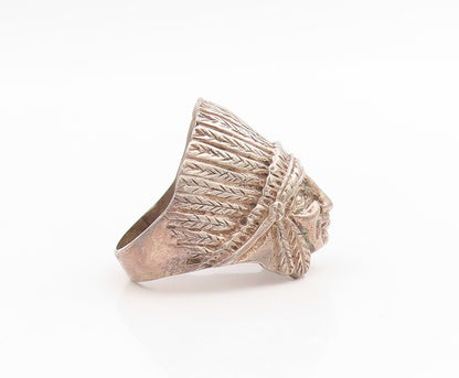 925 Sterling Silver Vintage Ring Large Feathered Native Chief Band Sz 7  RG34003