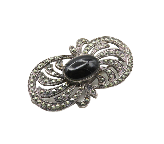 925 Sterling Silver  Vintage Black Onyx & Marcasite Swirl Brooch Pin  BP6403