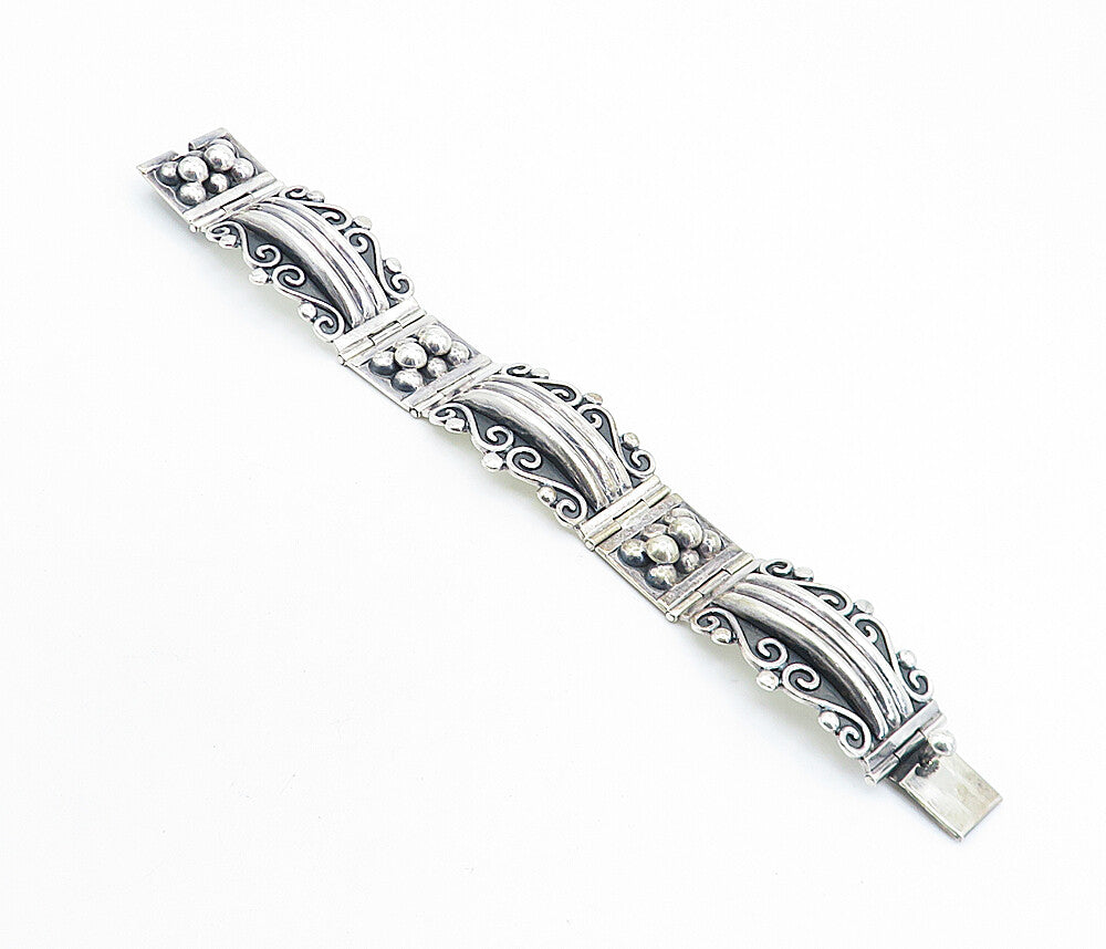 CII MEXICO 925 Silver  Vintage Swirl Patterned Bar Link Chain Bracelet  BT3029