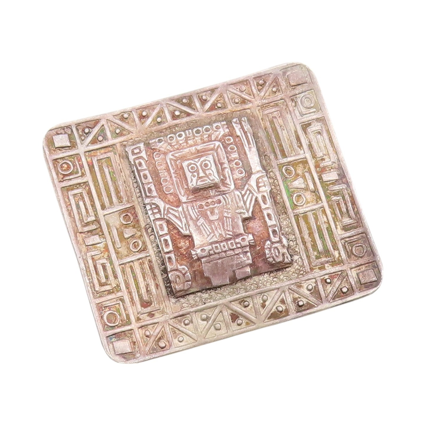 925 Sterling Silver Vintage Brooch Dark Tone Mayan Aztec Carved  BP11492