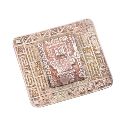 925 Sterling Silver Vintage Brooch Dark Tone Mayan Aztec Carved  BP11492