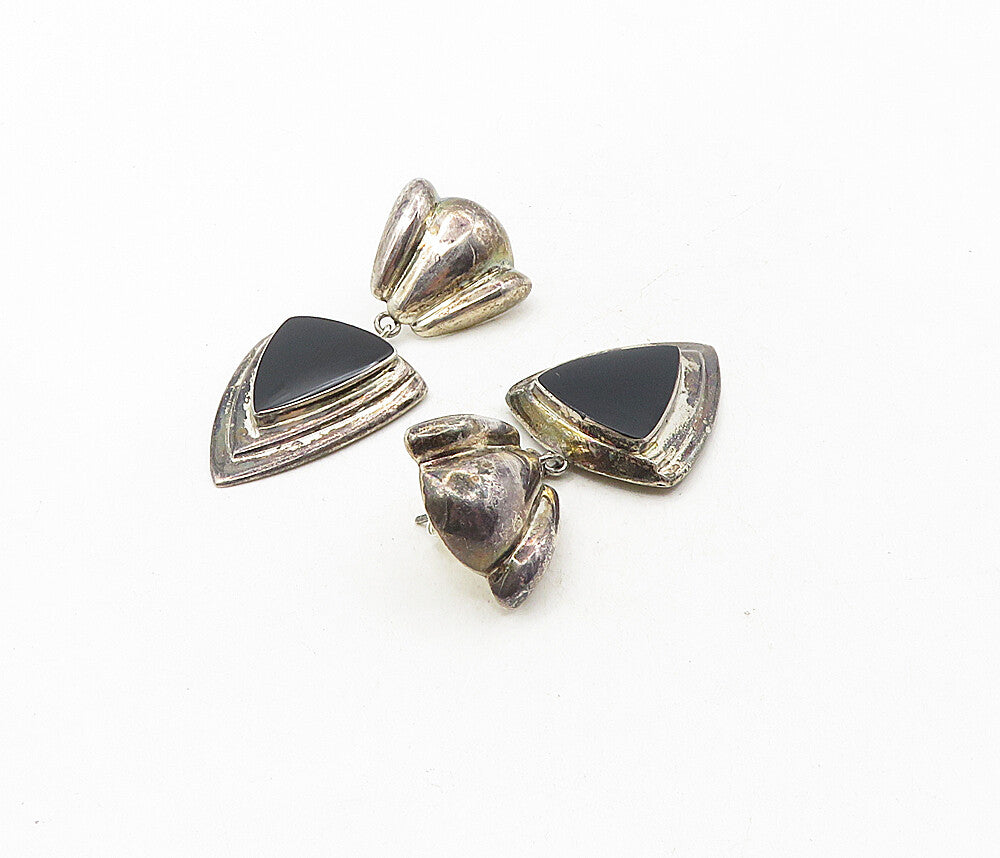 925 Sterling Silver  Vintage Black Onyx Dark Tone Linked Drop Earrings  EG4844