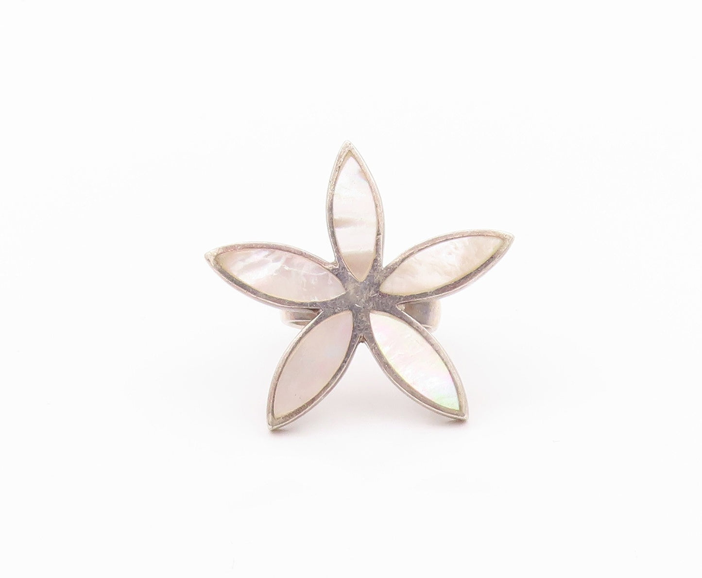 925 Sterling Silver Vintage Ring Mother Of Pearls Cutout Flower  Sz 8  RG32361