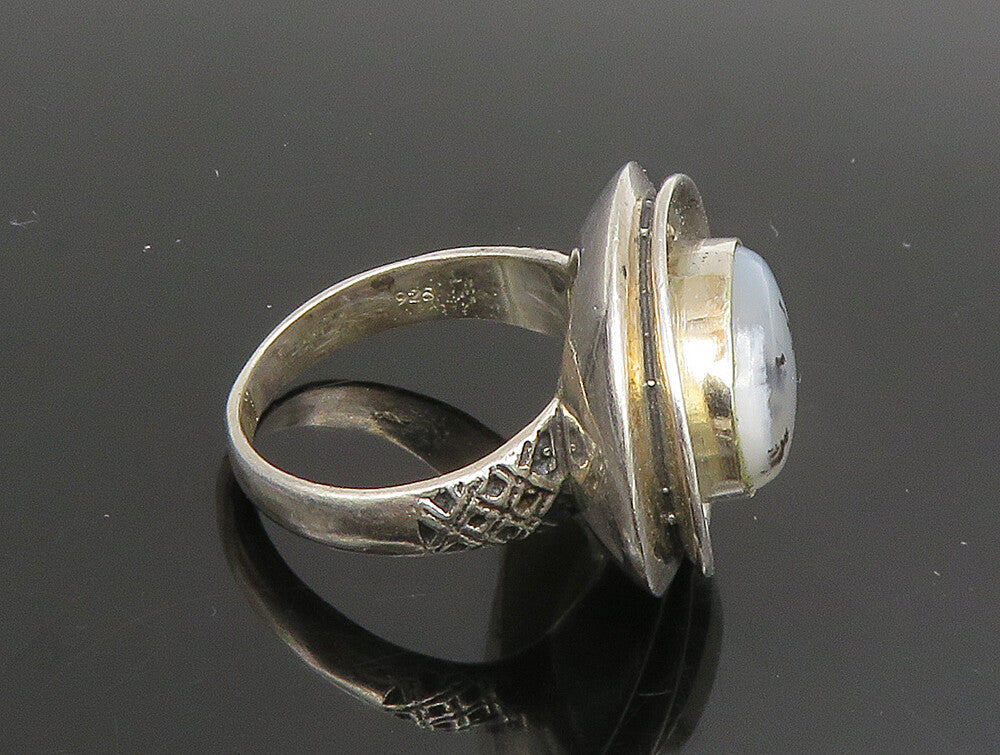 925 Silver  Vintage Unique Beaded Oval Frame Moss Agate Ring Sz 7.5  RG25344