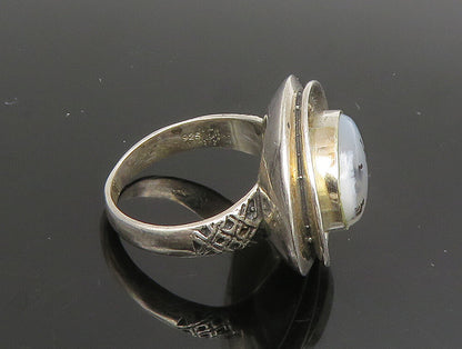 925 Silver  Vintage Unique Beaded Oval Frame Moss Agate Ring Sz 7.5  RG25344