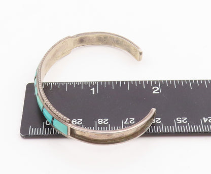 925 Sterling Silver Vintage Bracelet NAVAJO ZUNI Turquoise Inlay Cuff  BT11970