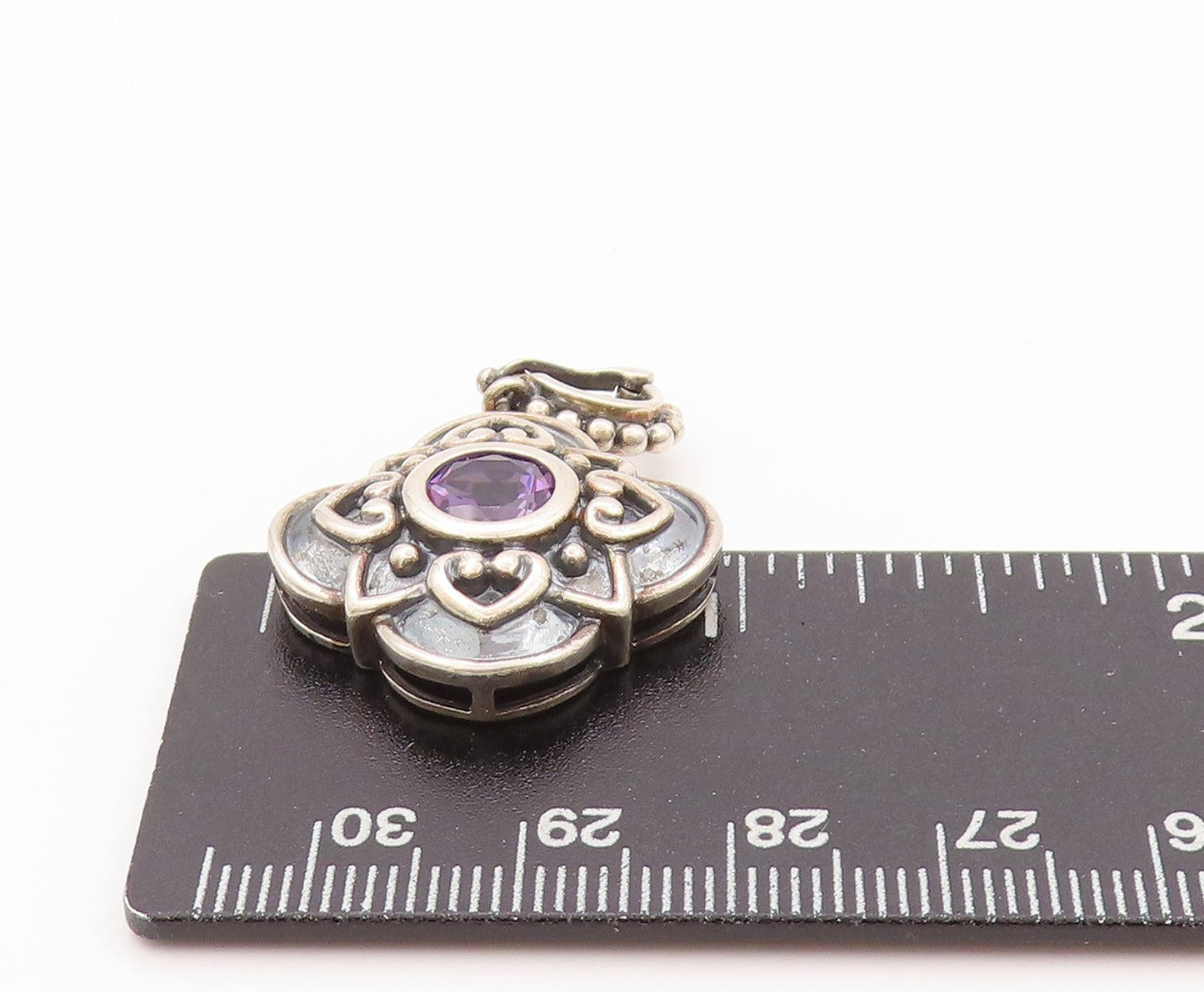 925 Sterling Silver Vintage Pendant Dark Tone Amethyst Floral Carved   PT24099