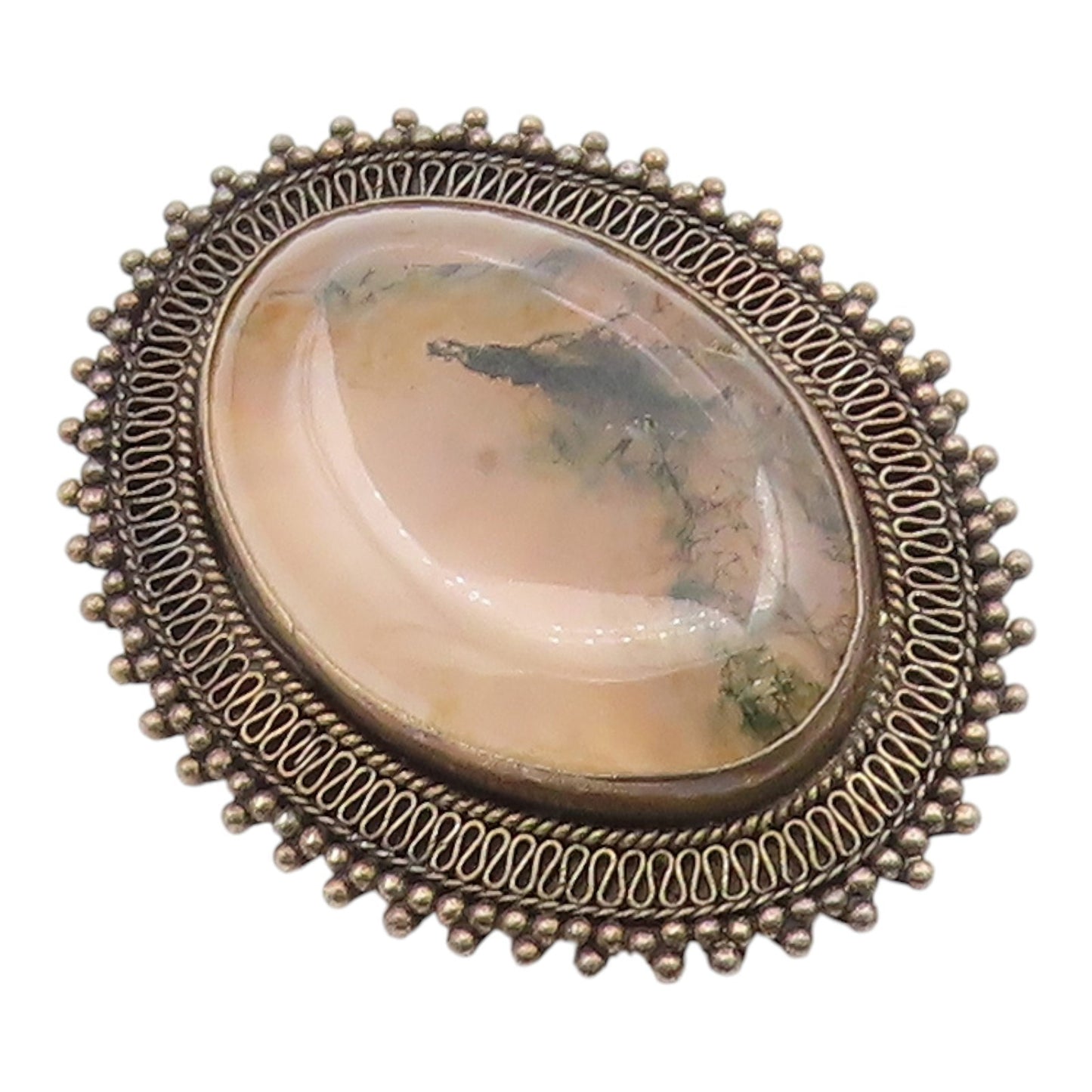ISRAEL 925 Silver  Vintage Beaded Border Oval Moss Agate Brooch Pin  BP9549