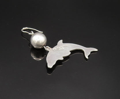 MEXICO 925 Silver  Vintage Bead Ball & Sculpted Dolphins Earrings  EG11830