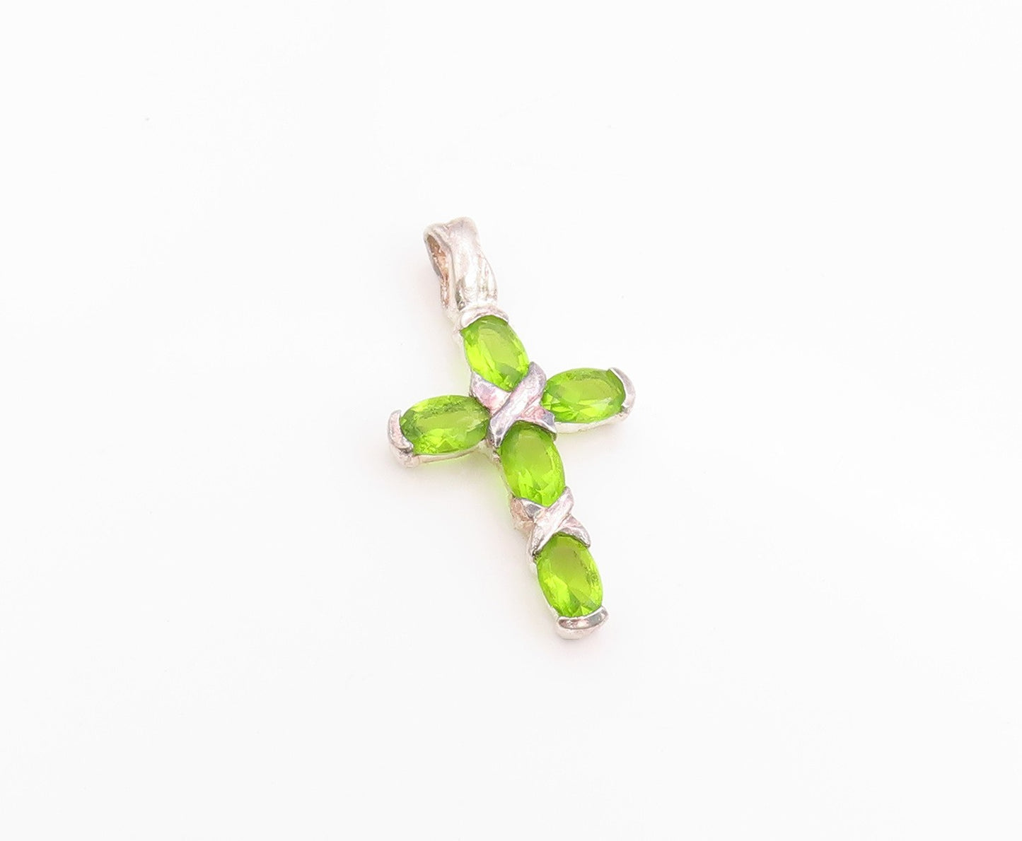 925 Sterling Silver Vintage Pendant Green Peridot Religious Cross Charm  PT24864