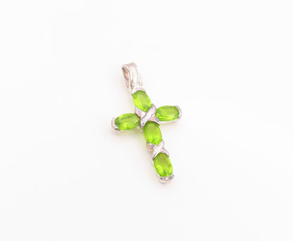 925 Sterling Silver Vintage Pendant Green Peridot Religious Cross Charm  PT24864
