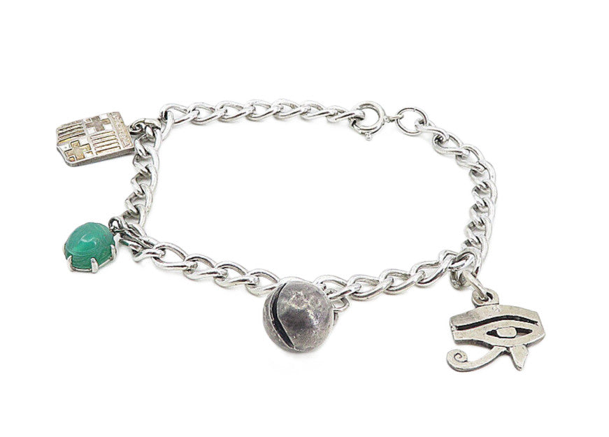 925 Silver  Vintage Antique Carnelian Eye Of Horus Charm Bracelet  BT3843