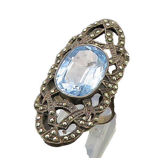 925 Silver  Vintage Topaz & Marcasite Victorian Cocktail Ring Sz 8  RG22609