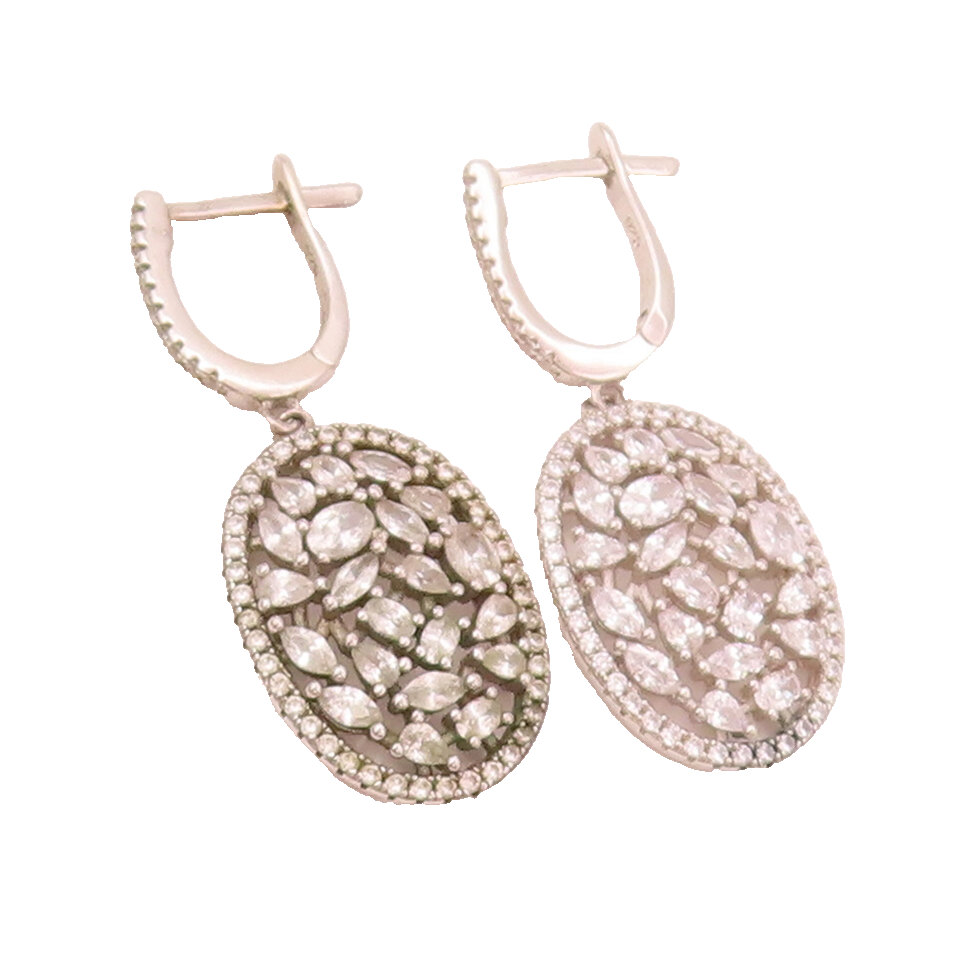 925 Silver  Vintage Dangling Oval Leaf Carved CZ Oval Drop Earrings  EG12493
