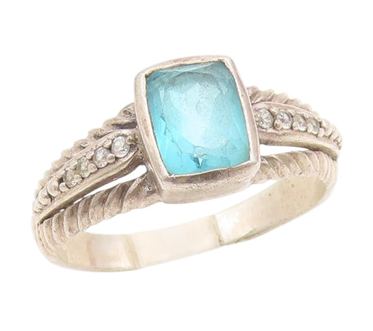 925 Sterling Silver Vintage Ring Real Diamonds & Blue Topaz Band  Sz 11  RG34378