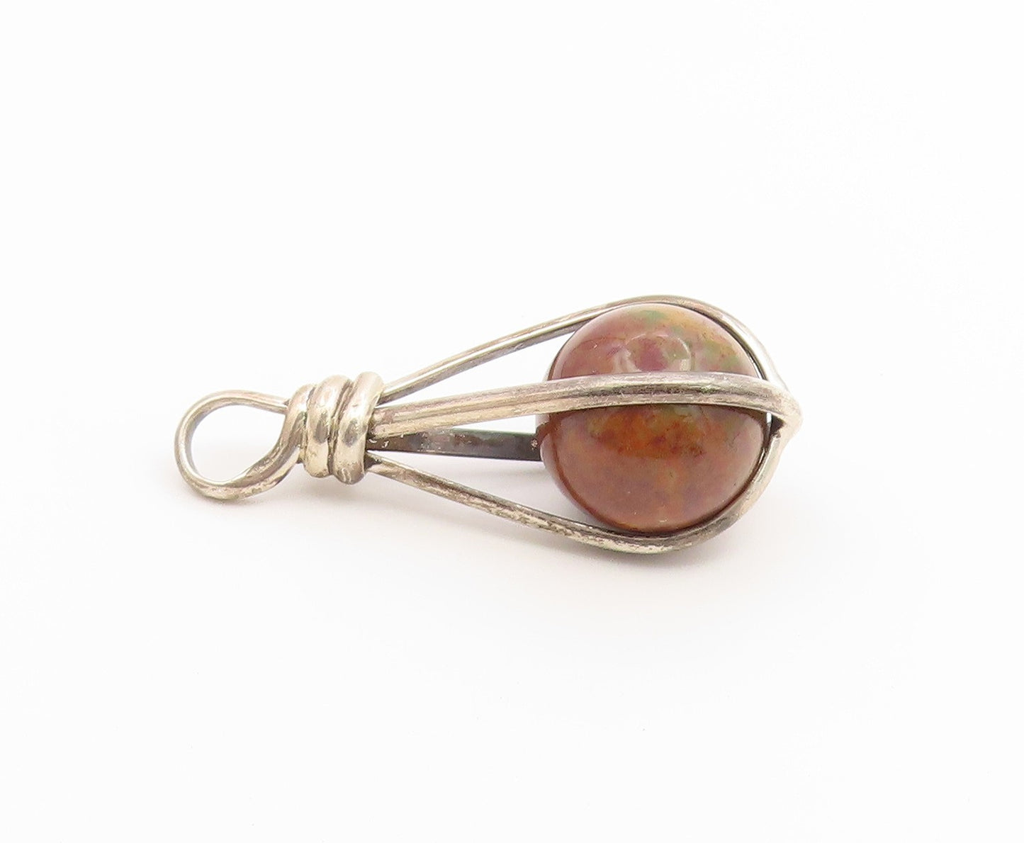 925 Sterling Silver Vintage Pendant Modernist Jasper Orb Teardrop Cage  PT26631